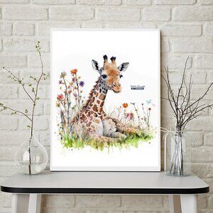 11x14 Baby Giraffe Wildflowers‎ Dragonfly Watercolor Oil Painting Art Print
